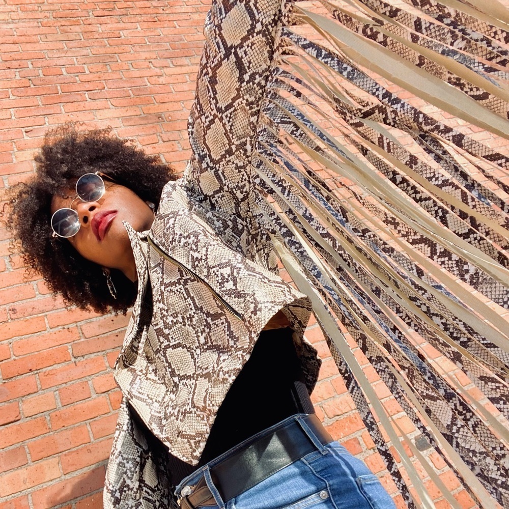 Cropped reptile print fringe jacket